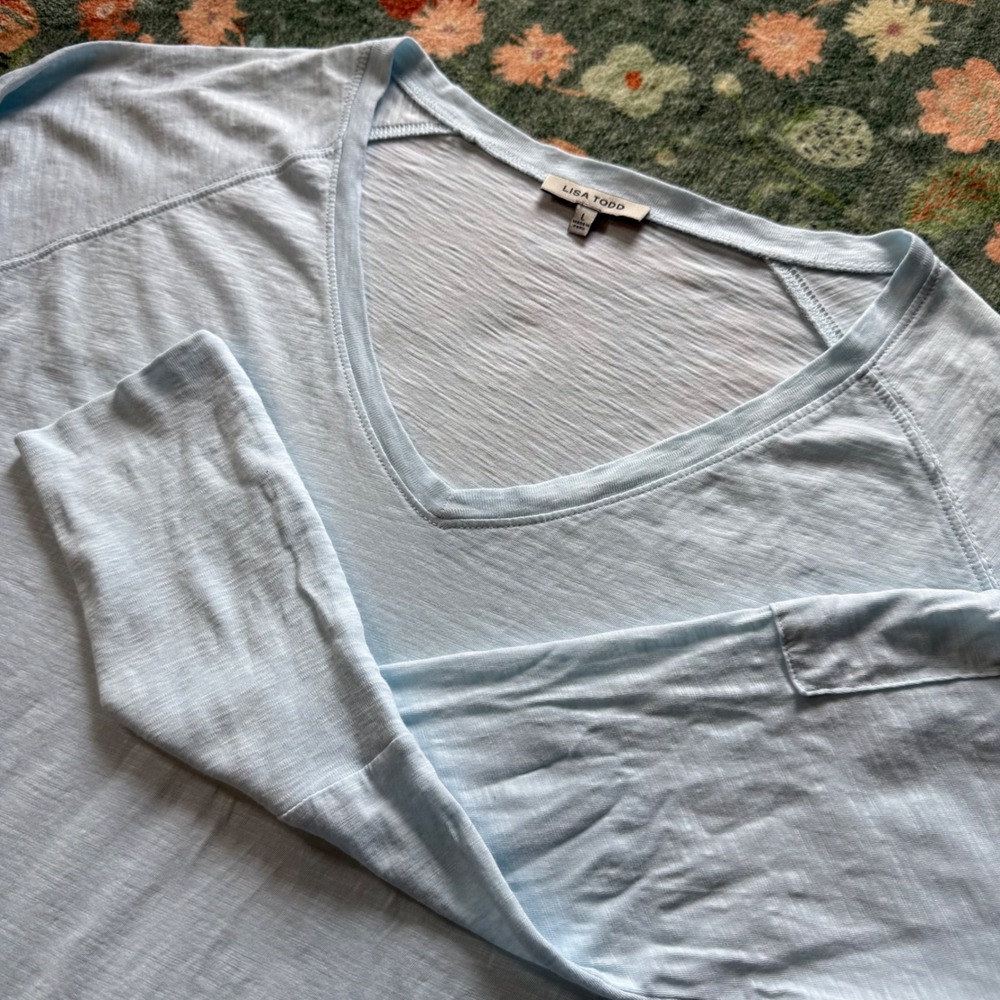 Lisa Todd Womens Light Blue 100% Pima Cotton V-Neck Slub Knit Top Size L